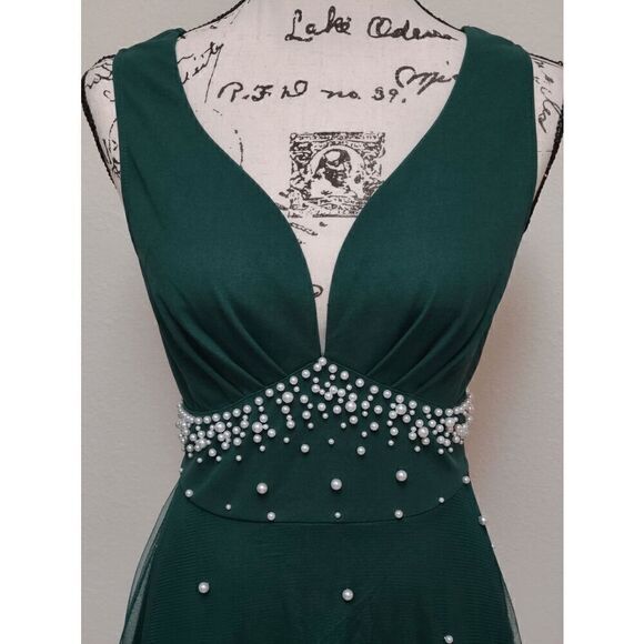 π Pearl Beaded Mesh Overlay Sleeveless A-line Elegant Green Dress SIZE LβNEW - Picture 9 of 16